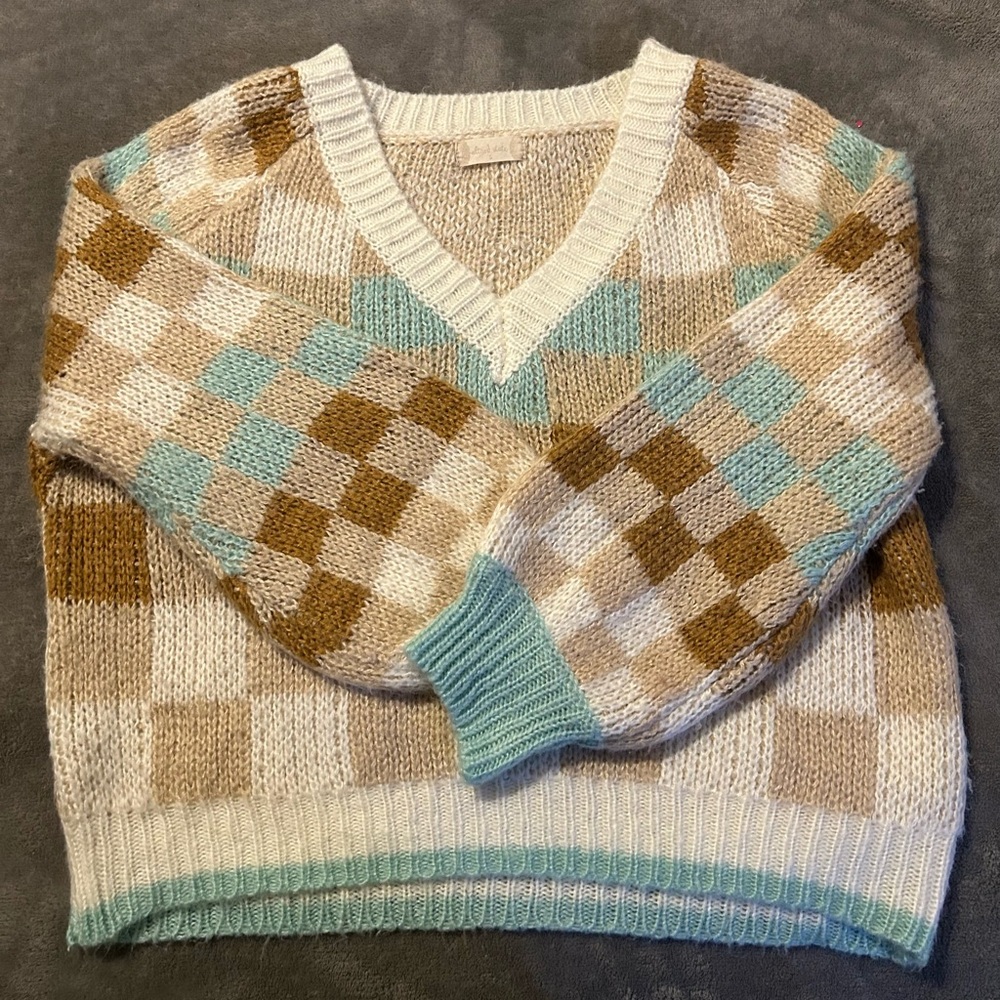 Altar'd State Checkered V-Neck Sweater